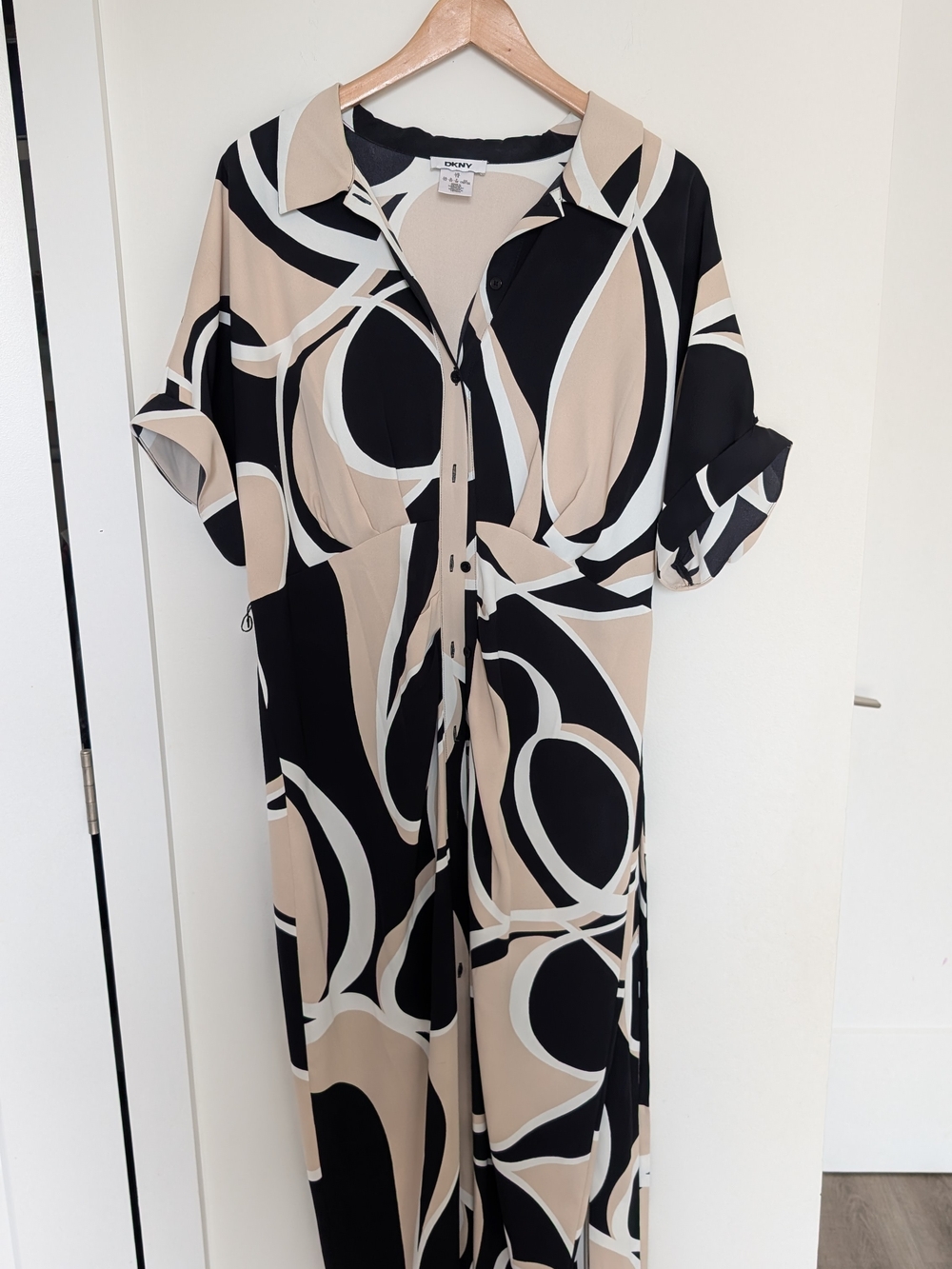 DKNY Black, Beige & White Geometric Maxi Shirt Dress